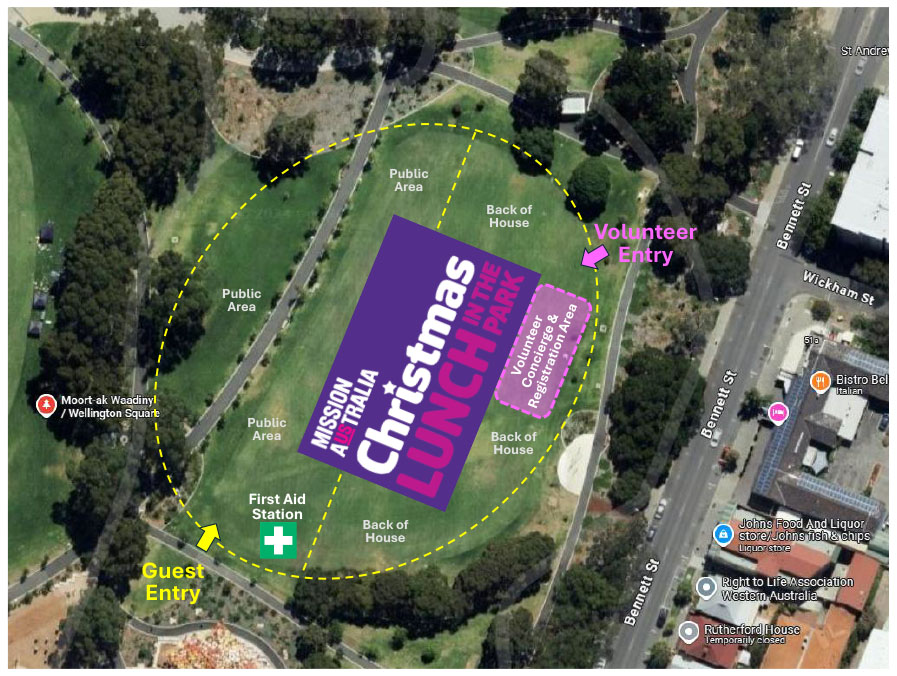 Christmas Lunch in the park map for first aid location near guest entry